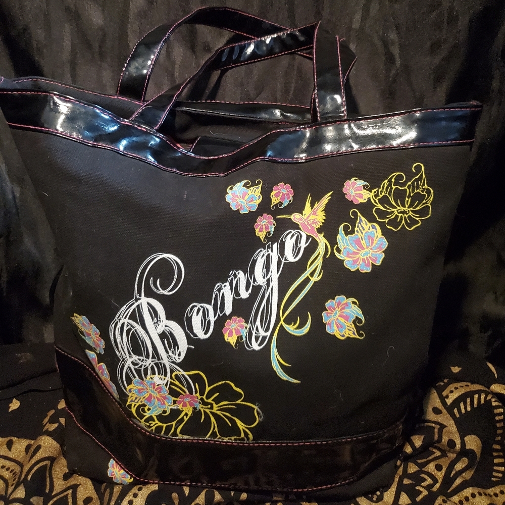 Vintage black Bongo purse with flowers and funky satin lining great condition